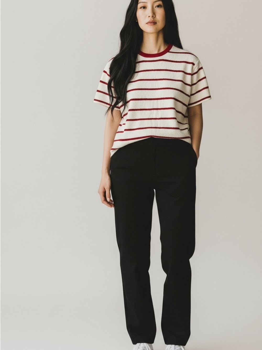 Zenana Shortsleeve Red & Cream Striped Shirt